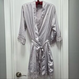 Robe Floral Lace Trim Tie Waist Polyester Mid Length Long Sleeve Wedding Bridal